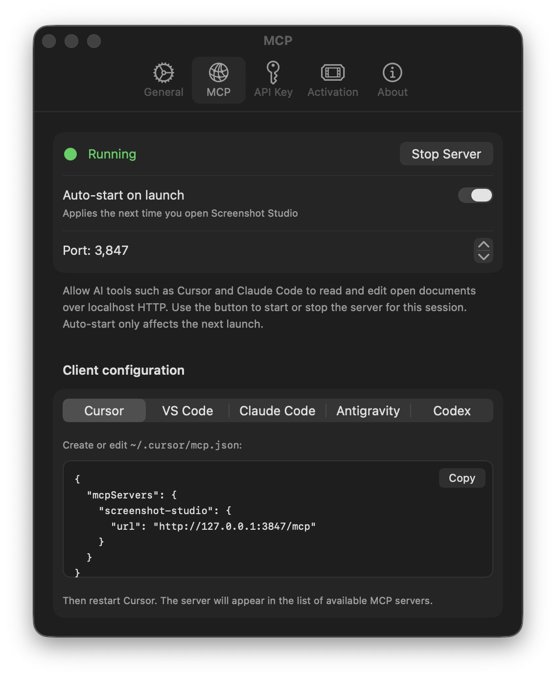 The MCP tab in Screenshot Studio settings: server status and Stop Server button, the auto-start toggle and port, and a Client configuration panel with a ready-made snippet for each AI client.