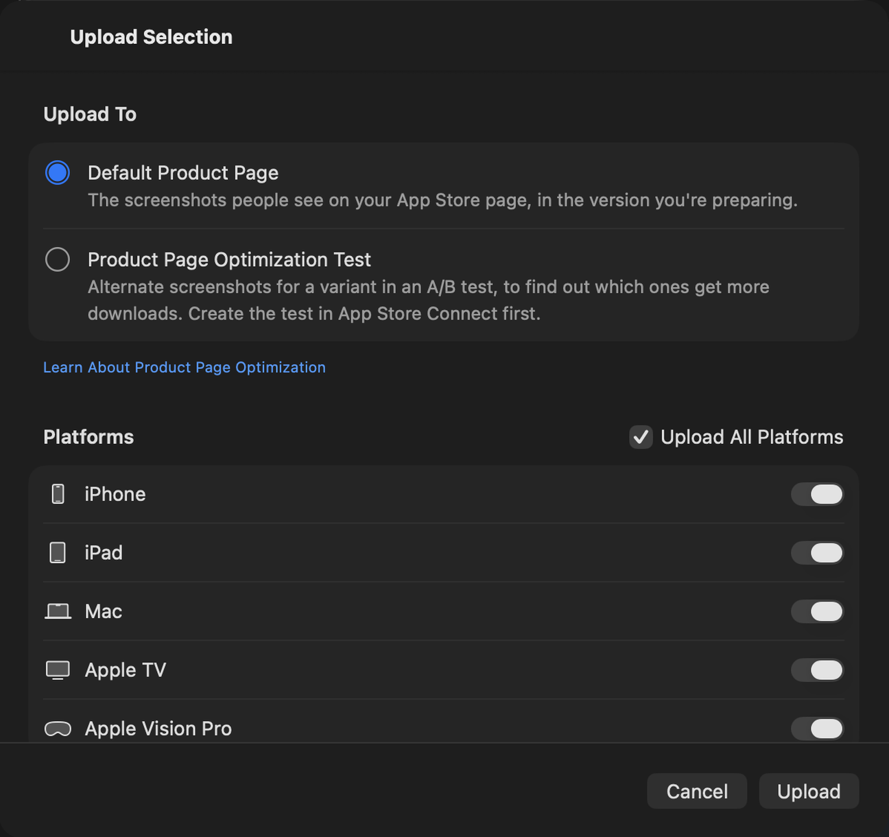 The upload sheet in Screenshot Studio. Under Upload To, you choose Default Product Page or Product Page Optimization Test.