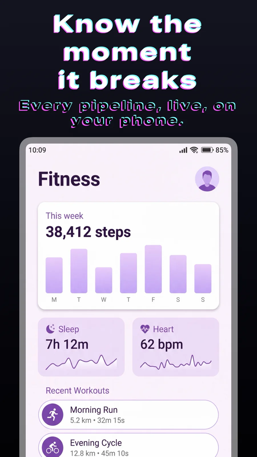 Glitch 模板在 Android Phone 上的效果,第 1 屏,共 3 屏。