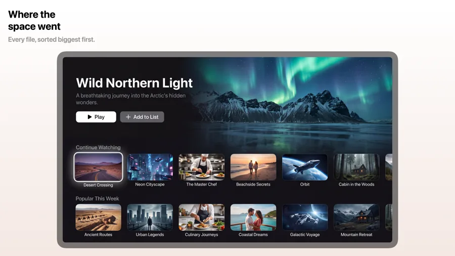Interface 模板在 Apple TV 上的效果,第 1 屏,共 3 屏。