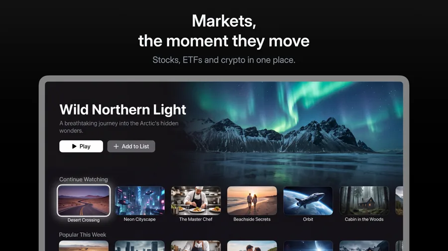 Midnight 模板在 Apple TV 上的效果,第 1 屏,共 3 屏。