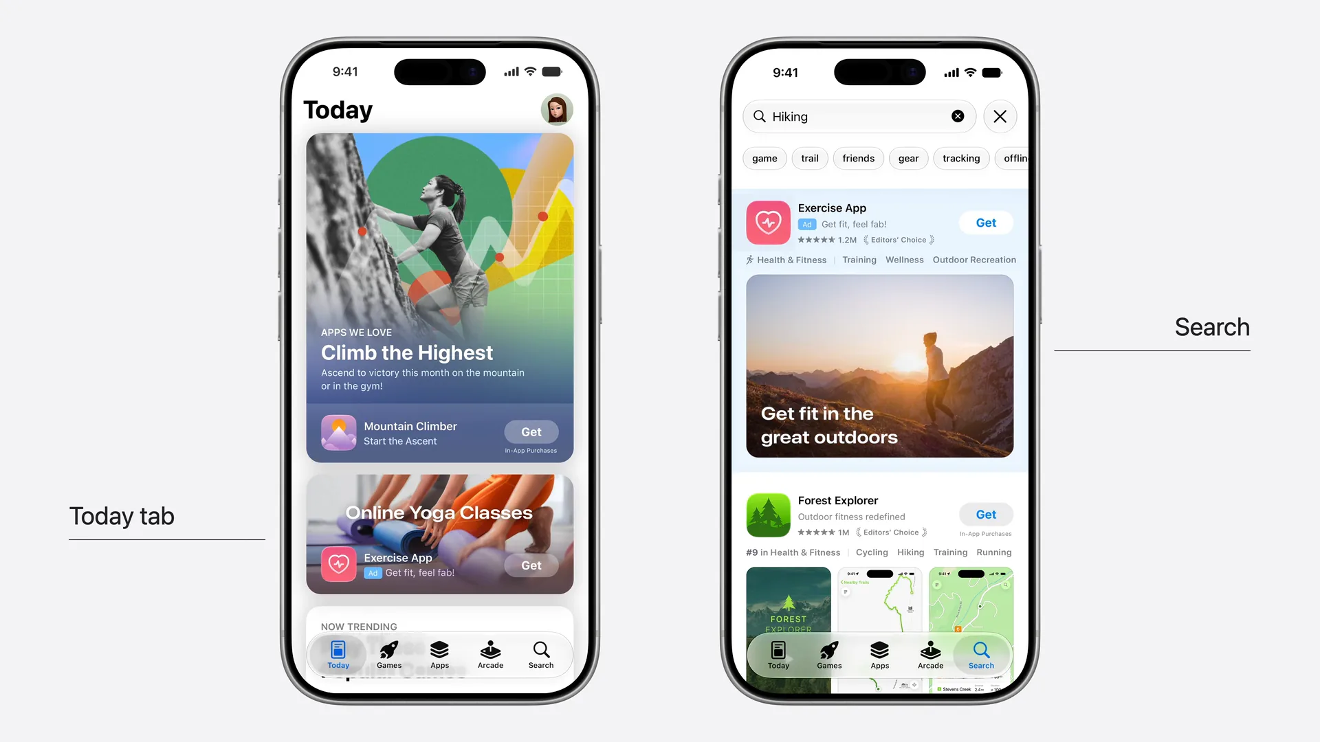 在 Apple Ads 中使用的创意素材，出现在 Today 标签页和搜索结果中。图片：Apple，WWDC26。