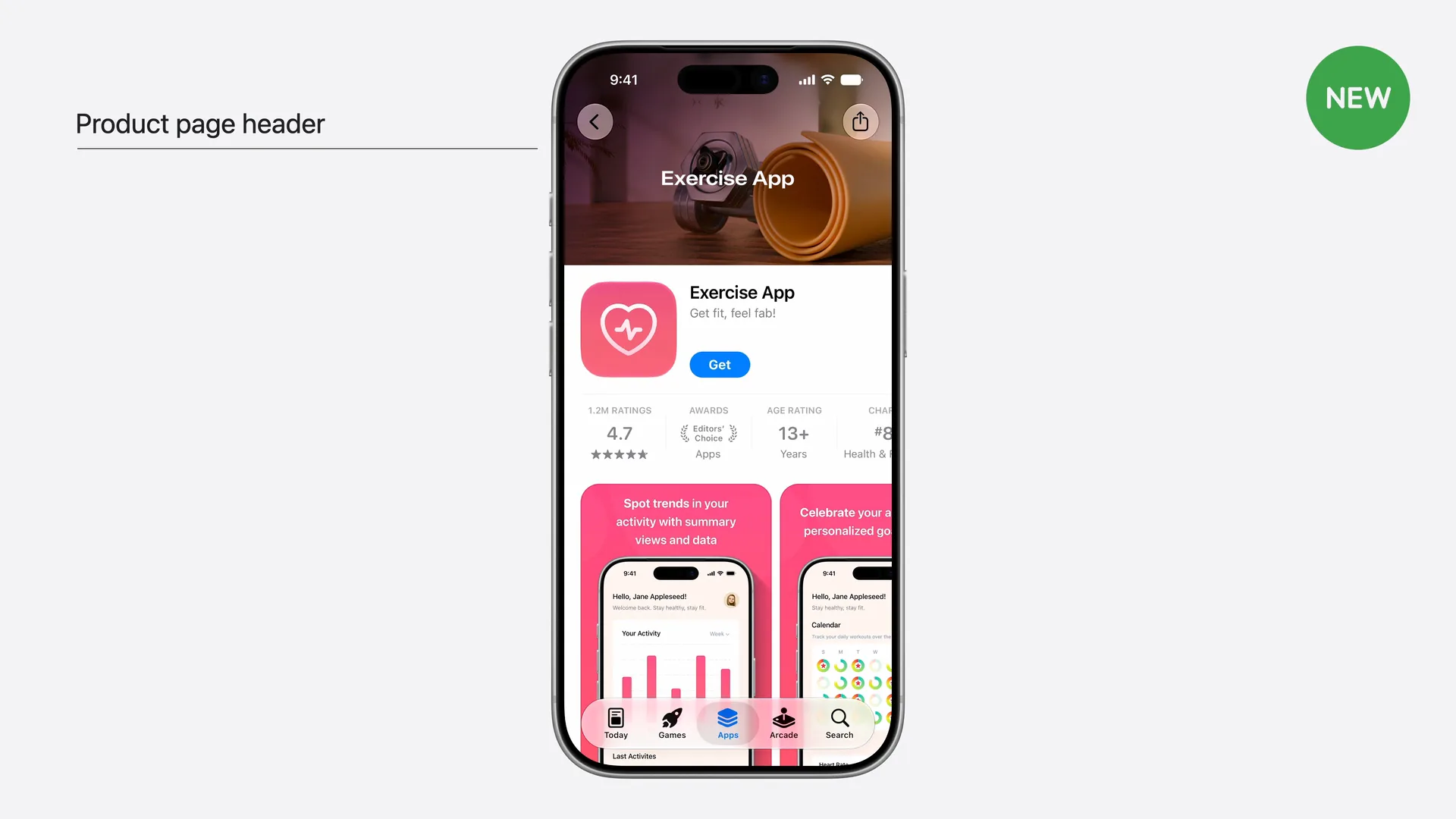 带有新产品页面标头的产品页面：品牌图片位于 App 图标上方，截图在下方。图片：Apple，WWDC26。
