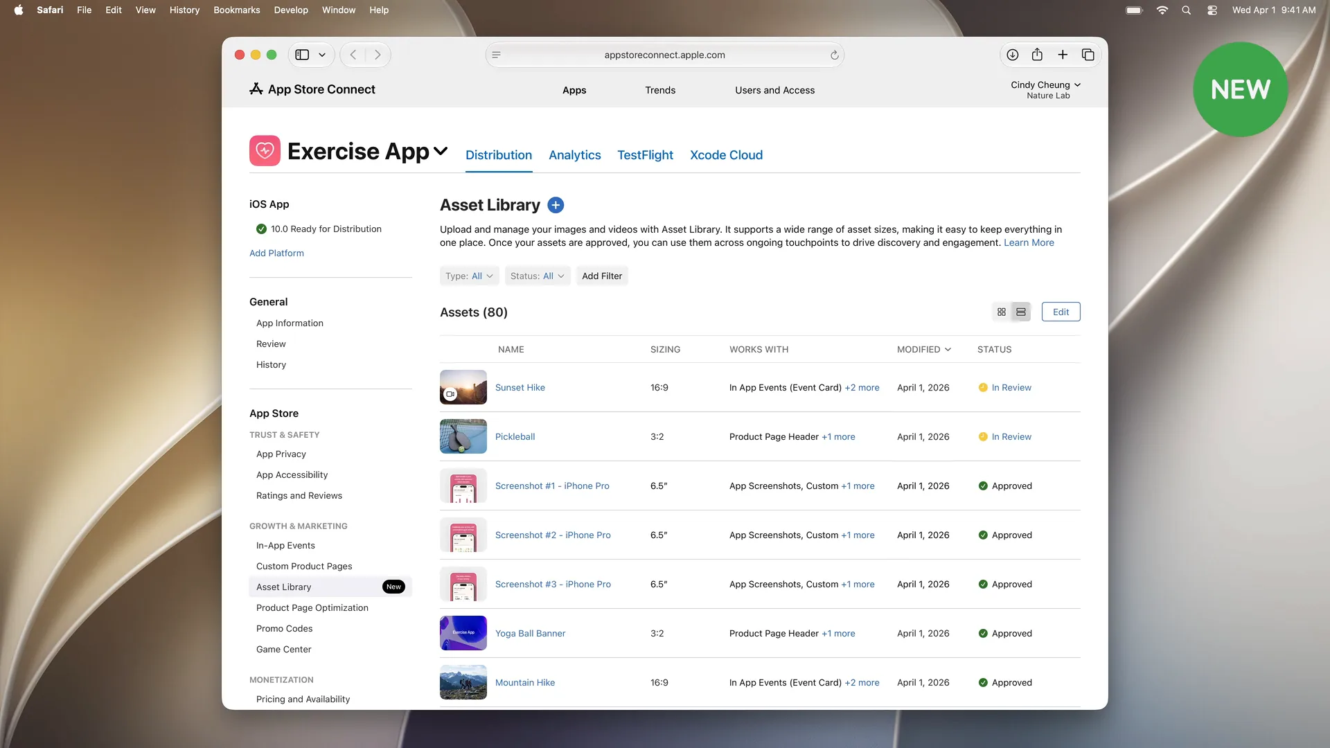 App Store Connect 中的素材库，列出了截图、预览、App 内活动媒体和创意素材及其审核状态。图片：Apple，WWDC26。