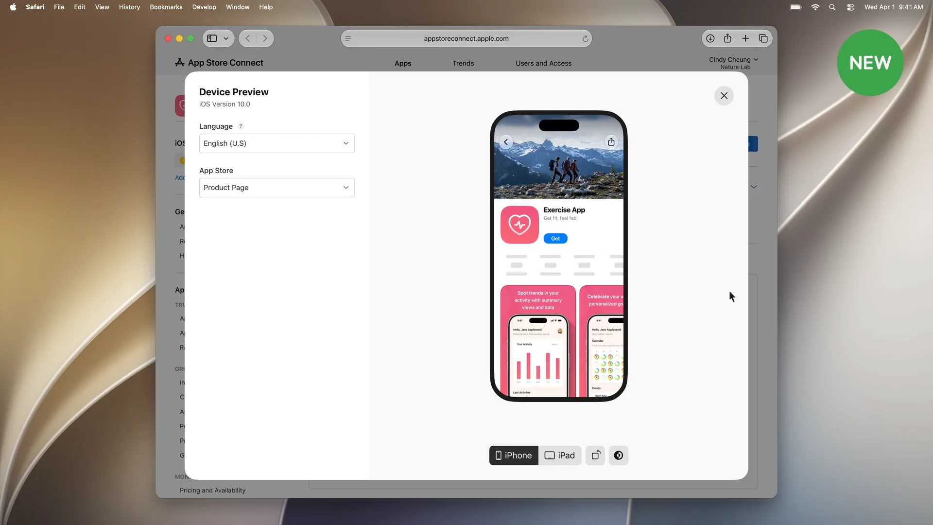 App Store Connect 中新的设备预览，带有语言选择器以及 iPhone 和 iPad 选项。图片：Apple，WWDC26。