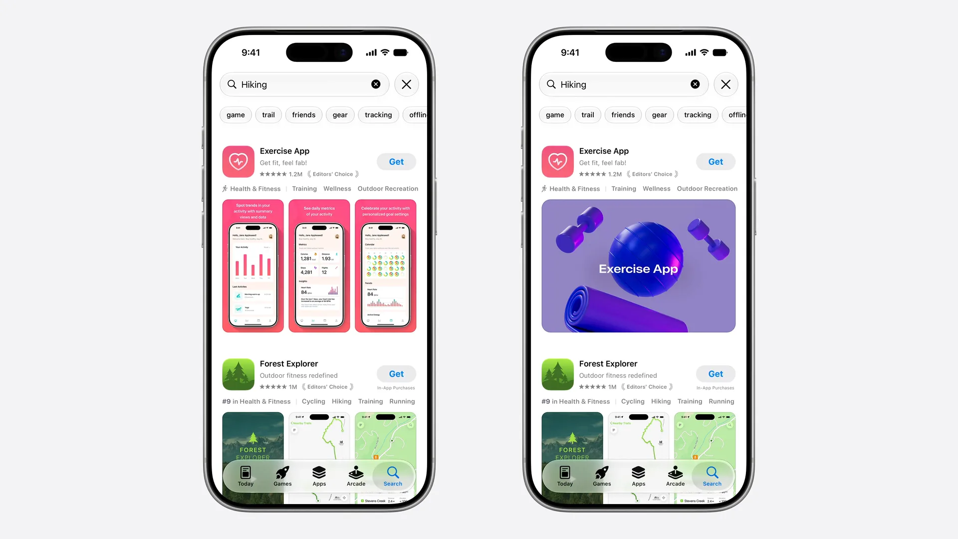 同一个 App 在搜索结果中的样子，左侧是默认截图，右侧是自定图片。图片：Apple，WWDC26。